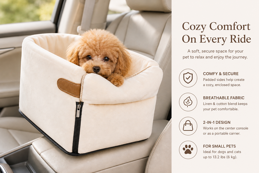 CozyRide Center Console Pet Car Seat – Portable Carrier for Small Dogs & Cats