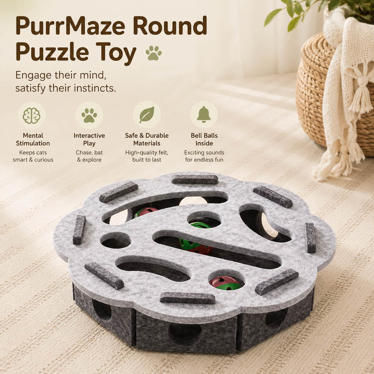 PurrMaze felt puzzle toy for cats – promotes natural foraging behavior

