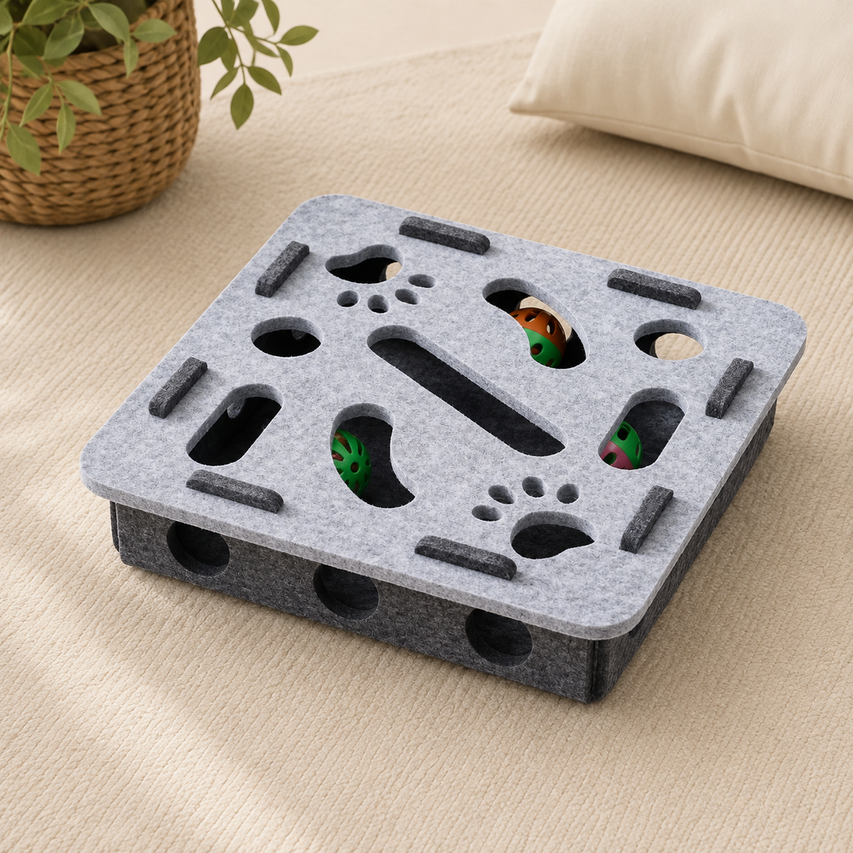 PurrMaze gray square felt cat puzzle toy – premium quality