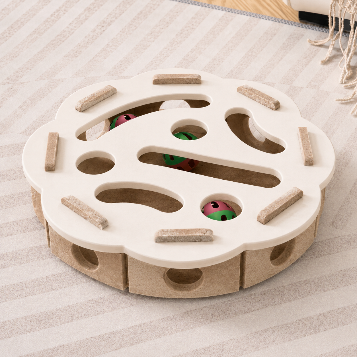 PurrMaze white round felt puzzle – engaging cat enrichment toy