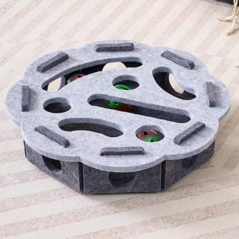 PurrMaze gray round felt puzzle toy for cats